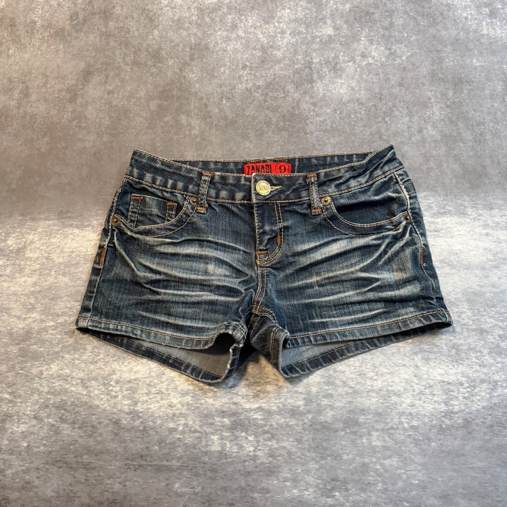 Y2K Zanadi Women Dark Wash Whiskered Denim Shorts Size 9 Low Rise Blue